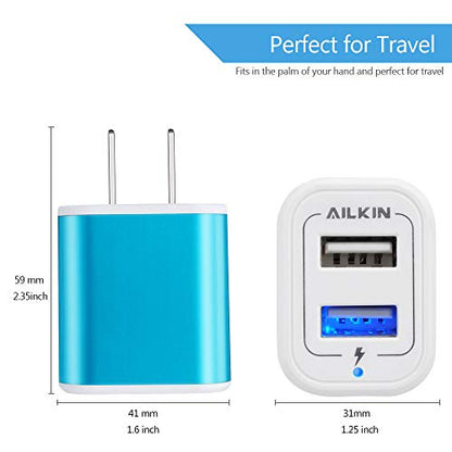 USB Plug in Wall Charger, Charging Block, 2Pack 2.1A Fast Charge Dual Port - color: Blue