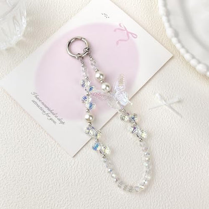 Beaded Phone Wrist Strap,Crystal Glitter Cute Butterfly Keychain Wristlet,Phone Chain Wristlet Purse Bag Charms - color: White