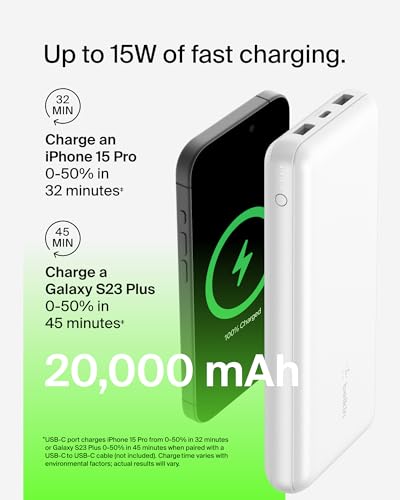 Belkin 20000mAh 15W 3 Port Power Bank, USB A to USB C Cable Included - color: White