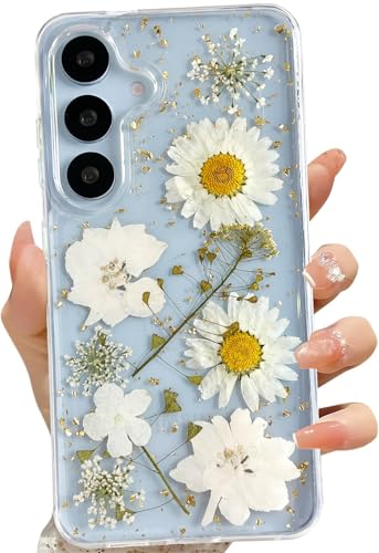 LSEEKA for Samsung Galaxy S25 S24 Clear Case with Pressed Real Dried White Flower Design,Transparent Glitter Cute Floral Slim Soft TPU Protective Phone Cover for Samsung Galaxy S25 S24 - color: White Gold, size: for Samsung S24/S25