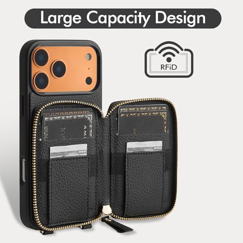 LAMEEKU for iPhone 17 Pro Max Wallet Case with Crossbody Strap, Phone Grip Holder Stand Wrist Strap Cover 6.9 inch Black - color: Black, size: iPhone 17 Pro Max 6.9''