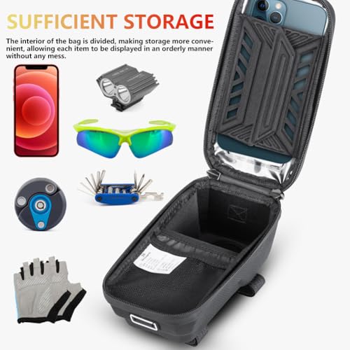 Waterproof Bike Frame Bag - MTB/Road Bike Top Tube Phone Holder | for Phones Under 6.5" Universal Bicycle Phone Pouch with Rain Cover & Shockproof Design, Commuter Cycling Accessories