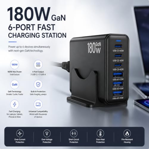 180W GaN Multi Charger Station, USB Charger Block, Desktop Charging Station - color: Black-180