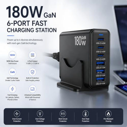 180W GaN Multi Charger Station, USB Charger Block, Desktop Charging Station - color: Black-180