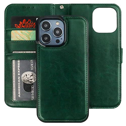 Bocasal Detachable Wallet Case Card Holder for iPhone 14 Pro Max Green | RFID Blocking Kickstand Card Slots Holder PU Leather Magnetic Shockproof Wrist Strap Removable Flip Protective Cover 6.7 inch - color: Green