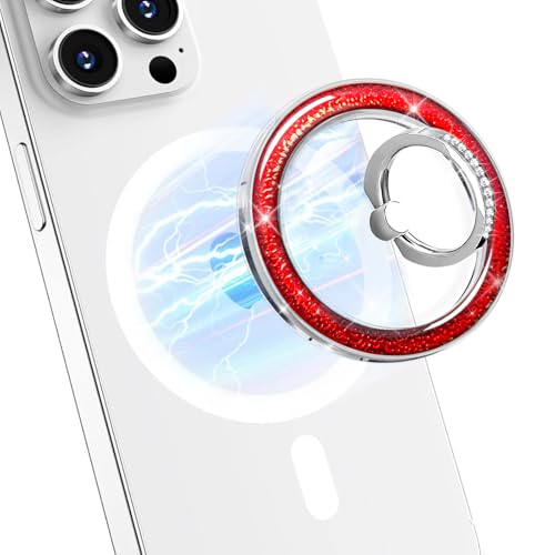 Transparent Shiny Magnetic Phone Ring Holder,360° Rotatable Removable Phone Grip,Clear Hot Red Sparkle Diamond Stylish Design Compatible with All Phones & Tablets - color: Clear Hot Red