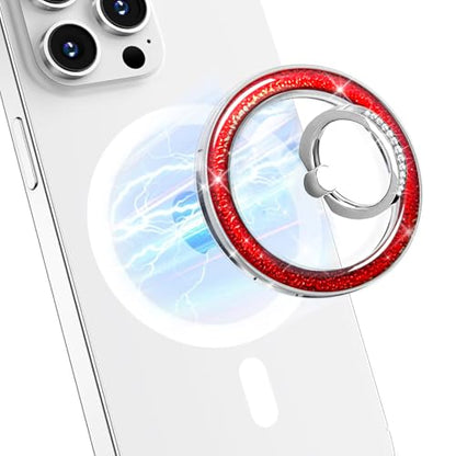 Transparent Shiny Magnetic Phone Ring Holder,360° Rotatable Removable Phone Grip,Clear Hot Red Sparkle Diamond Stylish Design Compatible with All Phones & Tablets - color: Clear Hot Red