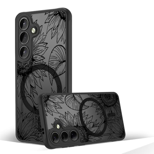 Magnetic Case for Samsung Galaxy S24 FE [Compatible with MagSafe] Black Flower Floral Case for Women Girls Soft TPU Bumper Hard PC Back Anti-Fall Shockproof Protective Slim Cover A5 - color: Sunflower 2, size: Samsung Galaxy S24 FE