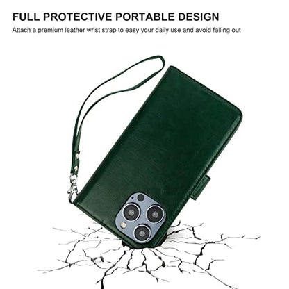 Bocasal Detachable Wallet Case Card Holder for iPhone 14 Pro, Green | RFID Blocking Kickstand Card Slots Holder PU Leather Magnetic Shockproof Wrist Strap Removable Flip Protective Cover 6.1 inch - color: Green