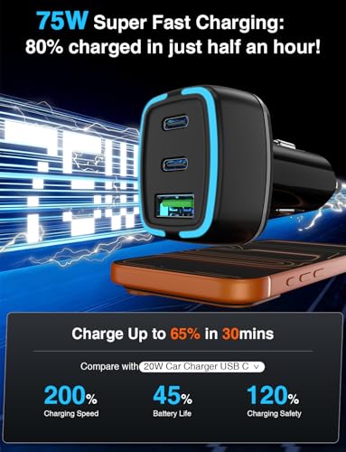 75W USB C Car Charger, 3-Port Super Fast Charging Cigarette Lighte - color: Black