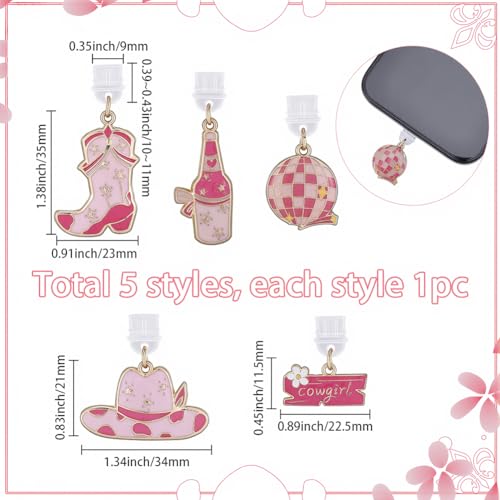 SUNNYCLUE 5pcs Pink Dust Plug Charm Charging Port Charm Enamel Plastic Cute Western Pink Hat Boot Mobile Phone Anti Dustproof Plug Cover Protectors for E-Reader Cellphone Women Laptops Accessories - style: Style 1