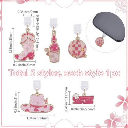 SUNNYCLUE 5pcs Pink Dust Plug Charm Charging Port Charm Enamel Plastic Cute Western Pink Hat Boot Mobile Phone Anti Dustproof Plug Cover Protectors for E-Reader Cellphone Women Laptops Accessories - style: Style 1