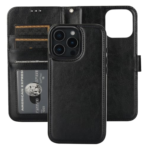Bocasal Detachable Wallet Case Card Holder for iPhone 16 Pro Max Black | RFID Blocking Kickstand Card Slots Holder PU Leather Magnetic Shockproof Wrist Strap Removable Flip Protective Cover 6.9 inch - color: Black