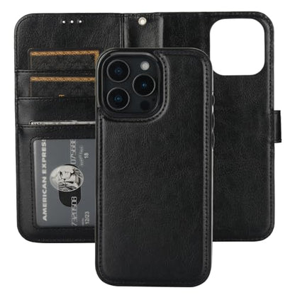 Bocasal Detachable Wallet Case Card Holder for iPhone 16 Pro Max Black | RFID Blocking Kickstand Card Slots Holder PU Leather Magnetic Shockproof Wrist Strap Removable Flip Protective Cover 6.9 inch - color: Black