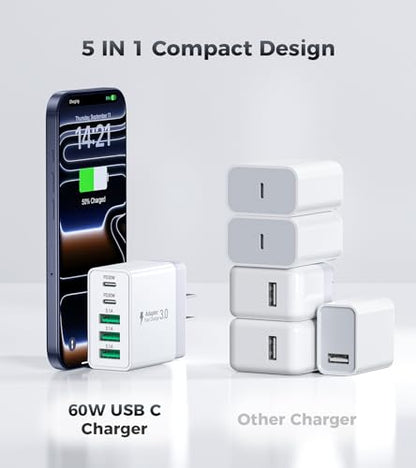 [2-Pack] 60W USB C Wall Charger,5-Port Fast USB C Charging Block - color: Updated White