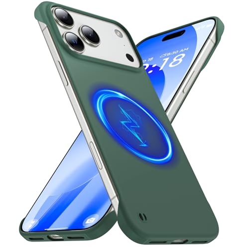GRECAZO Magnetic Slim Frameless Case for iPhone 17 Pro, Dark Green | Compatible with MagSafe, Soft-Touch Matte Hard PC Cover, Ultra Thin Lightweight Minimalist, Pull Ring Lanyard, 6.3-Inch - color: Dark Green, size: iPhone 17 Pro