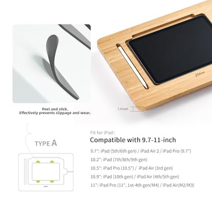 ELETIUO Adjustable Tablet Stand with Pencil&Charger Cable Slot,Bamboo Wooden Stand with Multiple Angles,Organizer Desktop Holder for Drawing,Compatible with ipads(Support to 9.7-11" Devices) - size: 15.6*10.8*1.4 inch