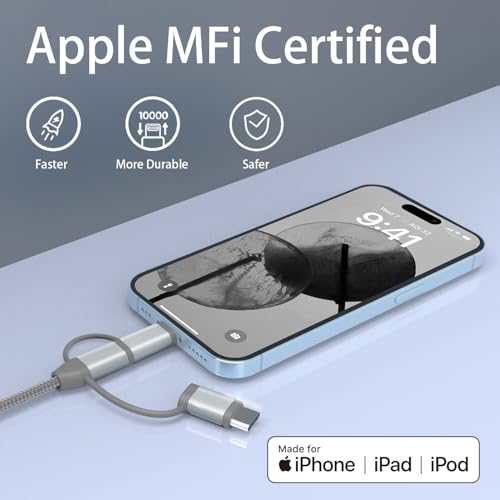 MFi Certified 3 in 1 Multi Charging Cable, 2Pack - size: 2 Pack,3.4ft