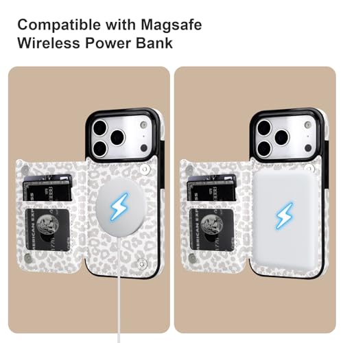 HAOPINSH Wallet Case for iPhone 17 Pro, Compatible with MagSafe Wireless Charging, White Leopard Cheetah Pattern Back Flip Folio Leather Kickstand Card Slots Case Double Magnetic Clasp Cover 6.3" - color: White Leopard for MagSafe