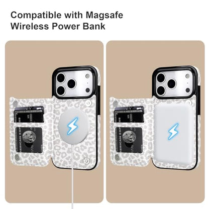HAOPINSH Wallet Case for iPhone 17 Pro, Compatible with MagSafe Wireless Charging, White Leopard Cheetah Pattern Back Flip Folio Leather Kickstand Card Slots Case Double Magnetic Clasp Cover 6.3" - color: White Leopard for MagSafe