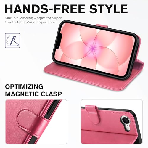 TUCCH Wallet Case for iPhone 17e & iPhone 16e (6.1"), Flip Stand, Hot Pink | RFID Blocking, 4 Card Holders, Kickstand, PU Leather, Shockproof TPU Shell, Magnetic Closure, Protective Folio Cover - color: Hot Pink