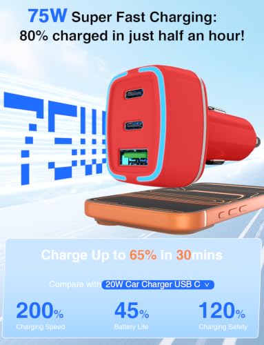 75W USB C Car Charger, 3-Port Super Fast Charging Cigarette Lighte - color: Red