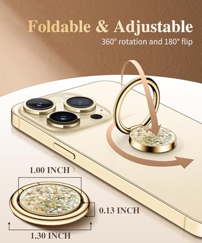 GVIEWIN Gritter Cell Phone Ring Holder, Metal Kickstand Grip 360° Rotation - color: Golden Glitter