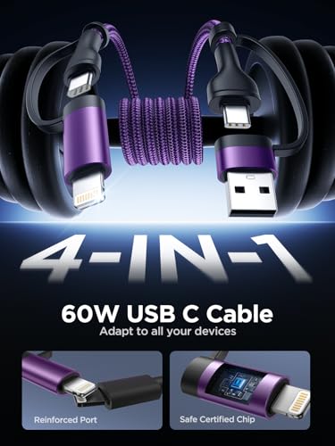 USB C to Lightning Cable, 60W 4 in 1 Fast Charging Cable Apple MFi Certified USB A to Lightning Cord Nylon 6ft USB C to USB C Charger Cord for iPhone 17 16 15 14 Pro/iPad/Samsung S25/MacBook/Switch 2