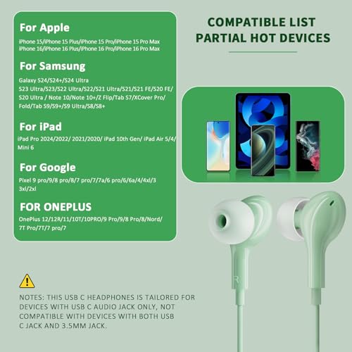 USB C Headphones for iPhone 17 16 15 Pro Max, Wired Earbuds with Mic, Volume Control, Noise Cancelling, Compatible with iPhone 15/16/ 17 Air/iPad Pro/Samsung Galaxy S26 / S25/ S24/S23 Ultra - color: Green