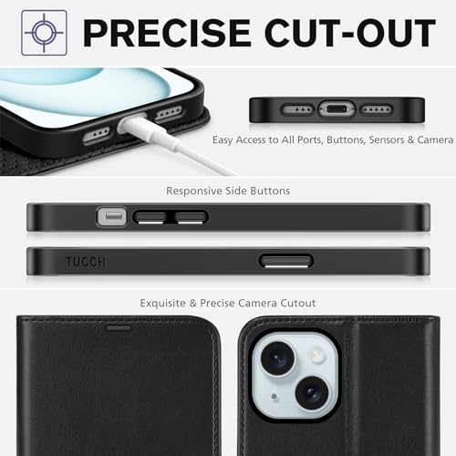 TUCCH Wallet Case for iPhone 15 (6.1") 2023, 4 Card Holders, Black | RFID Blocking, Viewing Stand, Shockproof TPU Shell, PU Leather, Magnetic Closure, Protective Folio Flip Cover - color: Black