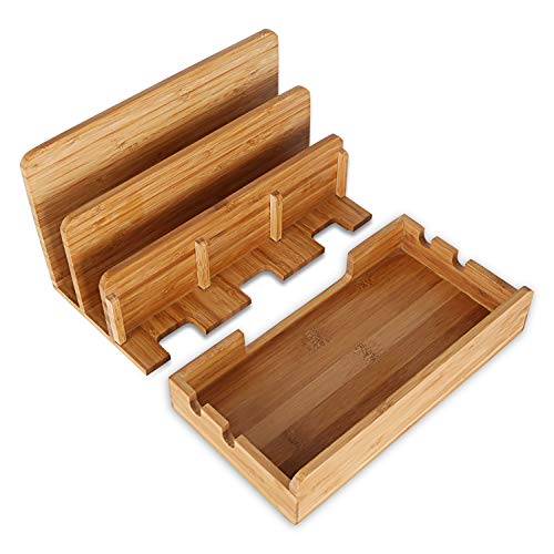 Bamboo Wood Multi-Device Desktop Charging Dock Station Charger Holder Cradle Stand Compatible for iPhone 16 15 14 13 12 11 Pro Max iPad mini Pro Air Laptop Tablets Samsung LG Sony Smartphones - color: Large