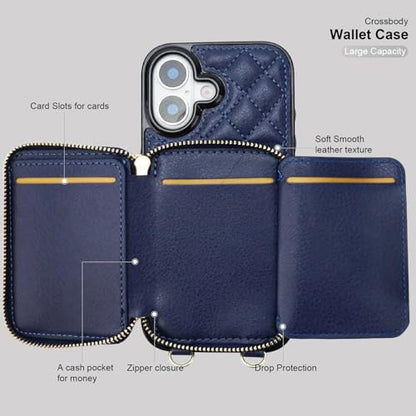 Bocasal Crossbody Wallet Case Card Holder for iPhone 17, Dark Blue | RFID Blocking PU Leather Zipper Handbag Purse, Kickstand Flip Folio Case with Card Slots Holder Wrist Strap Lanyard 6.3 Inch - color: Dark Blue