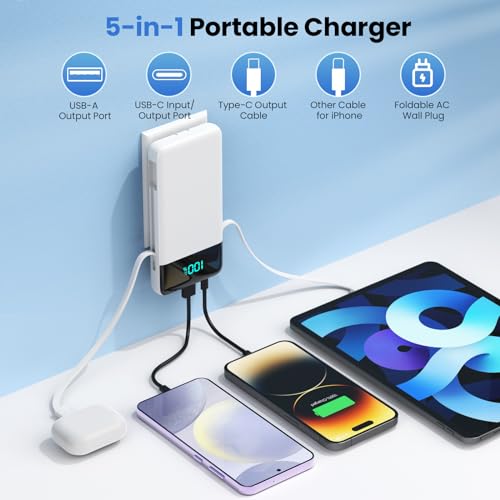 Portable Charger for iPhone with Built-in Cables and Wall Plug,Upgraded 13800mAh Fast Charging USB C Power Bank,4 Outputs Slim Travel Essential Battery Pack for iPhone 17/16/15/14/13,Galaxy,-White - color: White