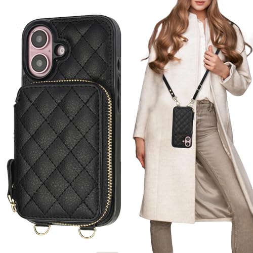 Bocasal Crossbody Wallet Case Card Holder for iPhone 16, Black | RFID Blocking PU Leather Zipper Handbag Purse, Kickstand Flip Folio Case with Card Slots Holder Wrist Strap Lanyard 6.1 Inch - color: Black