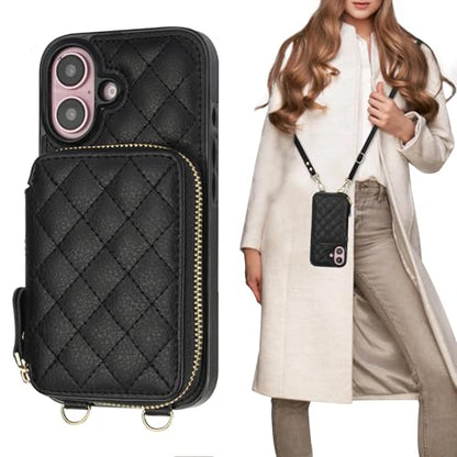 Bocasal Crossbody Wallet Case Card Holder for iPhone 16, Black | RFID Blocking PU Leather Zipper Handbag Purse, Kickstand Flip Folio Case with Card Slots Holder Wrist Strap Lanyard 6.1 Inch - color: Black