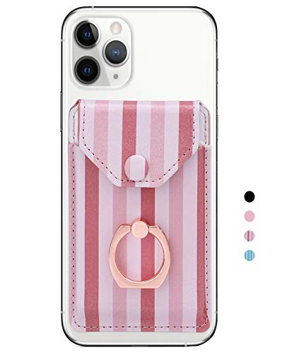 Self Adhesive Phone Card Wallet with Ring Stand Flip Cover, Pink Striped - color: Pink Striped