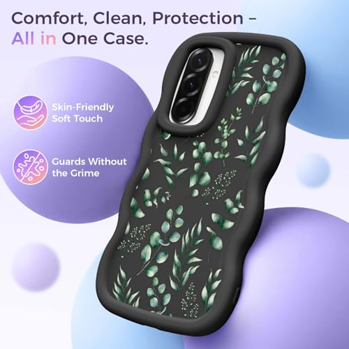 for Galaxy A36 Phone Case, Wavy Soft TPU, Black-Eucalyptus | Wavy Frame Design, Soft Slim TPU, Full Camera Lens Protection, Shockproof Phone Cover - color: Black-Eucalyptus, size: Samsung A36