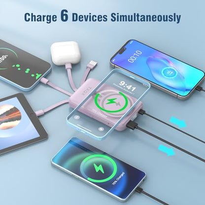 Wireless Portable Charger 10000mAh,Magnetic Power Bank with Built-in Cables LED Display,22.5W PD Fast Charging for Magsafe Battery Pack Compatible with iPhone16/15/14/13/12/Pro/Pro Max(Purple) - color: Purple