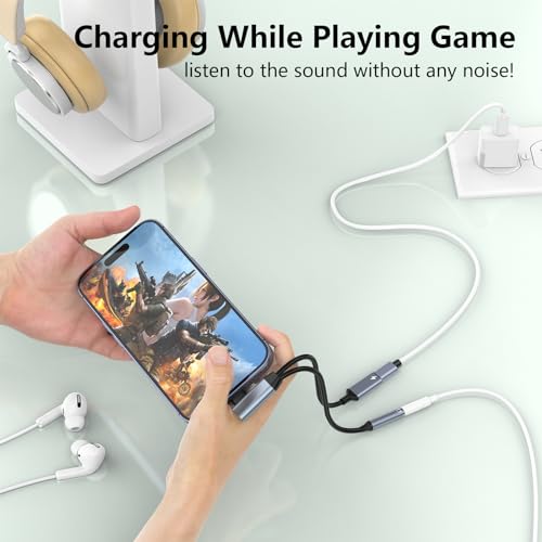 Right Angle 2-in-1 Lightning to 3.5mm Audio Aux Jack Headphone + Charge Cable Adapter iPhone,90 Degree Earphone Converter Splitter for Music+Charge+HiFi with iPhone 14 13 12 11【Apple MFi Certified】