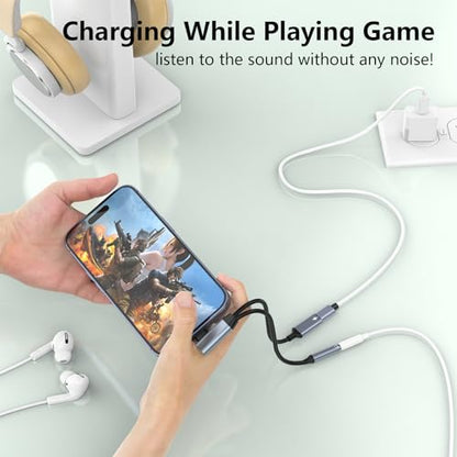 Right Angle 2-in-1 Lightning to 3.5mm Audio Aux Jack Headphone + Charge Cable Adapter iPhone,90 Degree Earphone Converter Splitter for Music+Charge+HiFi with iPhone 14 13 12 11【Apple MFi Certified】