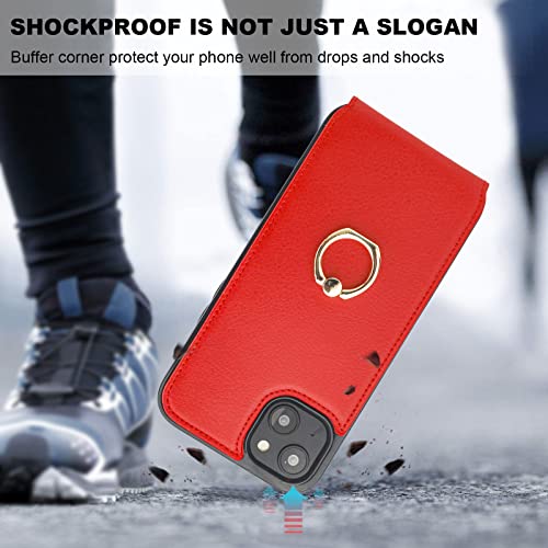 Folosu Compatible with iPhone 14 Plus Case Wallet with Card Holder, 360°Rotation Finger Ring Holder Kickstand, RFID Blocking Leather Protective Double Buttons Shockproof Cover 6.7 Inch Red - color: Red, size: iPhone 14 Plus