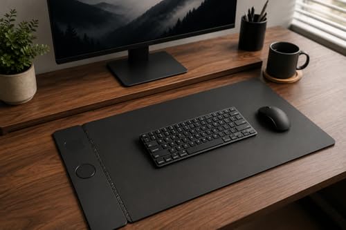 Wireless Charging Mouse Pad & Desk Mat with Detachable MagSafe-Compatible Qi Charger – Charges Phone + Earbuds, XL Vegan Leather Office Desk Pad with Hidden Storage, 30.7" x 14.6" - color: Black