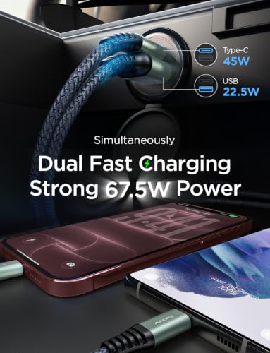 AINOPE 67.5W Car Charger USB C Fast Charge, iPhone 18 pro max Charger - color: Black - 3.3FT