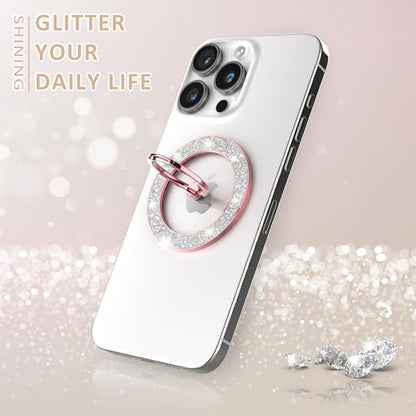Pikabo Magnetic Phone Ring Holder for MagSafe, Glitter Phone Grip Stand - color: Glitter Rose Gold
