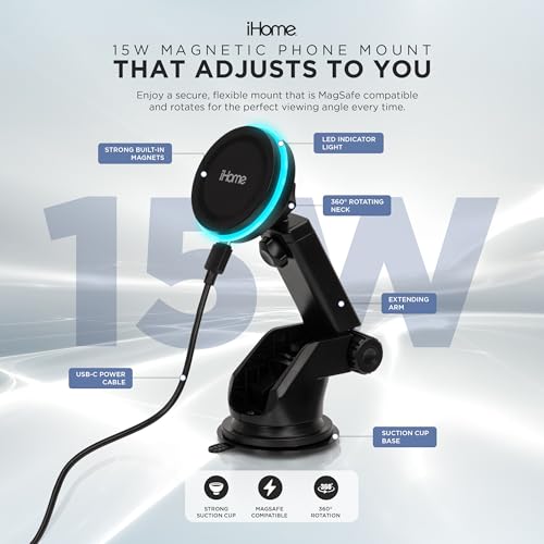 iHome Car Mount, Dashboard/Windshield/Vent Mount, Swivel Neck, Silicone Grip, Adjustable Mount Arm with Suction Cup Base (Magnetic Charging Car Mount) - style: Magnetic Charging Car Mount