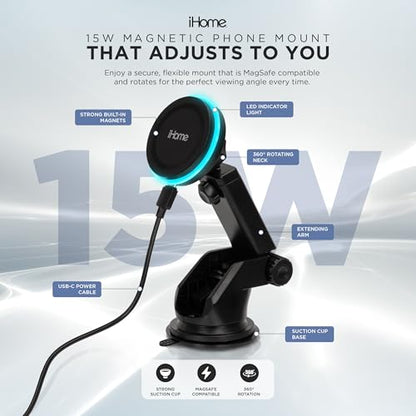 iHome Car Mount, Dashboard/Windshield/Vent Mount, Swivel Neck, Silicone Grip, Adjustable Mount Arm with Suction Cup Base (Magnetic Charging Car Mount) - style: Magnetic Charging Car Mount