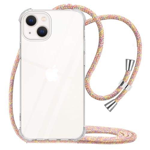 for iPhone 13 Case Clear Neck Hanging Adjustable Shoulder Lanyard Crossbody Phone Cover Women Girls Soft TPU Slim Drop Protective Strap Mobile Case for iPhone 13 - Rainbow - size: iPhone 13