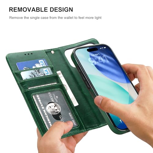 Bocasal Detachable Wallet Case Card Holder for iPhone 17 Pro, Green | RFID Blocking Kickstand Card Slots Holder PU Leather Magnetic Shockproof Wrist Strap Removable Flip Protective Cover 6.3 inch - color: Green