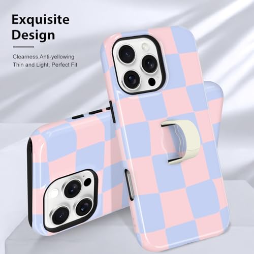 KANGHAR Compatible with iPhone 16 Pro Case Checkered -Pink Blue | Silicone Cute Pattern, Finger Hold Wristband Kickstand Camera Protection Soft Slim Phone Case for Girls Women - color: (Checkered)Pink Blue, size: iPhone 16 Pro