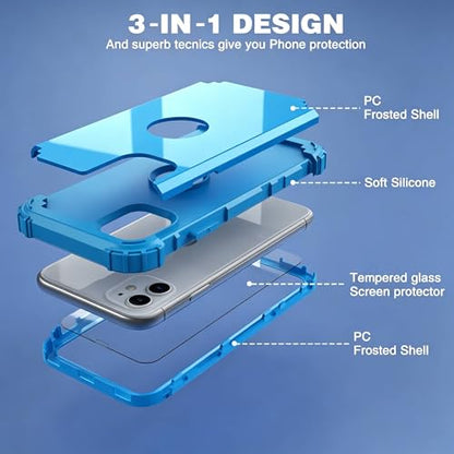 IDweel for iPhone 11 Case with Screen Protector for Women, Luxury Hybrid 3 in 1 Shockproof Slim Fit Heavy Duty Protection Hard PC Cover Soft Silicone Bumper Full Body Case,Glitter Sky Blue - color: Glitter Sky Blue